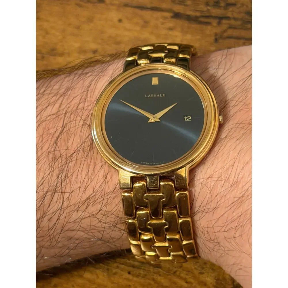 Seiko Lassale Gold Tone Quartz Watch Black Dial Date Integrated Bracelet